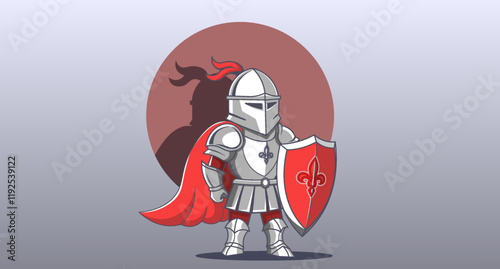 Vector cartoon comic toy ancient knight warrior in armor with shield. Soldier defender hero. Antique military fighter.