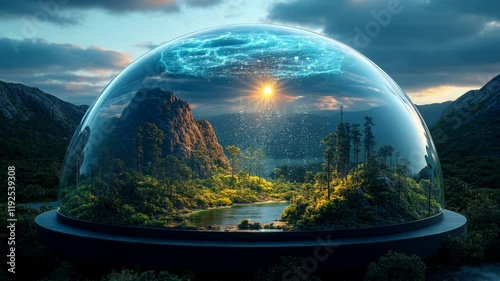 Transparent dome with glowing energy nodes protects vibrant forests, oceans, and mountains, symbolizing harmony between technology and nature for biosphere sustainability