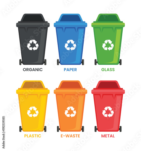 garbage cans with sorted garbage. Sorting garbage. Ecology and recycle. Trash cans. Green, yellow, orange, red, blue and black recycle bins with recycle symbol isolated on white background.