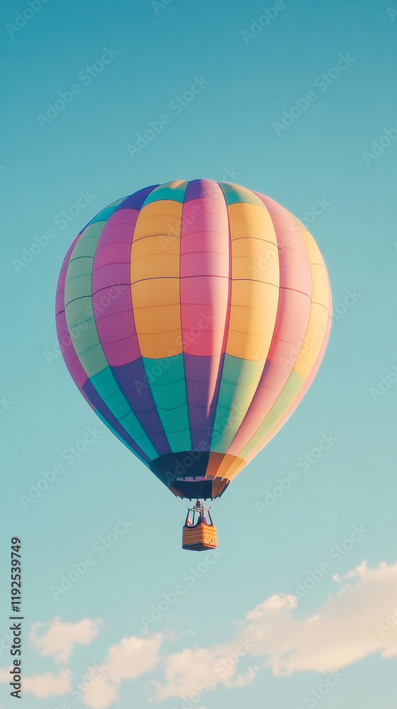 Naklejka premium A colorful hot air balloon floating in the clear blue sky, seen from below
