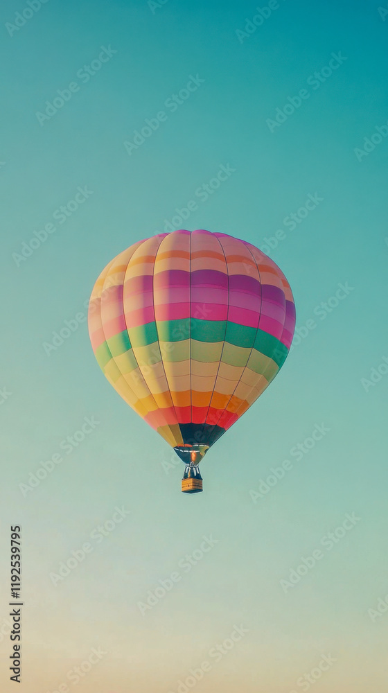 Fototapeta premium A colorful hot air balloon floats in the clear blue sky, seen from below with no clouds in sight
