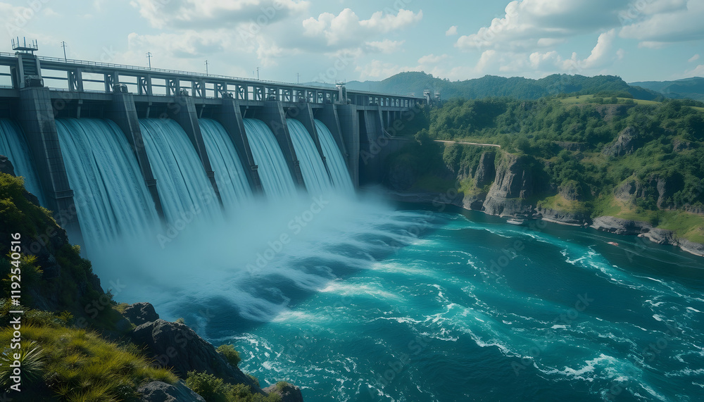 Hydroelectric dam generating green energy from flowing water, digital art, with white tones