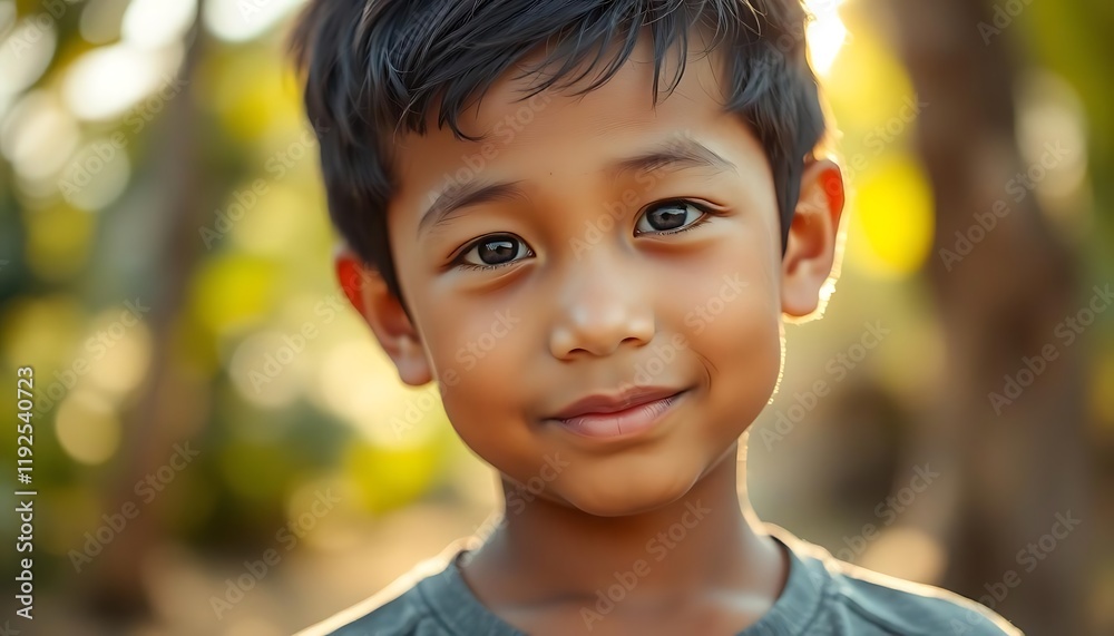A young Southeast Asian boy is looking at the camera and smiling on bokeh background A young Southeast Asian boy is looking at the camera and smiling on bokeh background