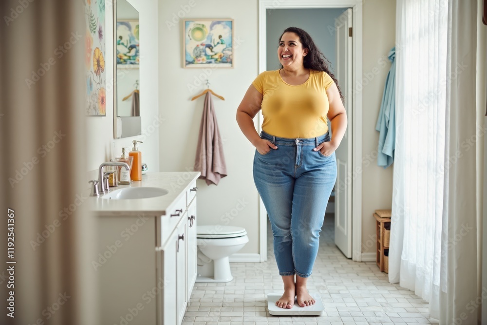A plus-size woman stands on a scale with a big smile, excited about her weight loss results. The bathroom is bright and decorated with colorful artwork A plus-size woman stands on a scale with a big smile, excited about her weight loss results. The bathroom is bright and decorated with colorful artwork