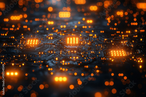 A futuristic circuit-board style pattern: short parallel lines in sunshine-yellow, connecting nodal squares on a charcoal plane,