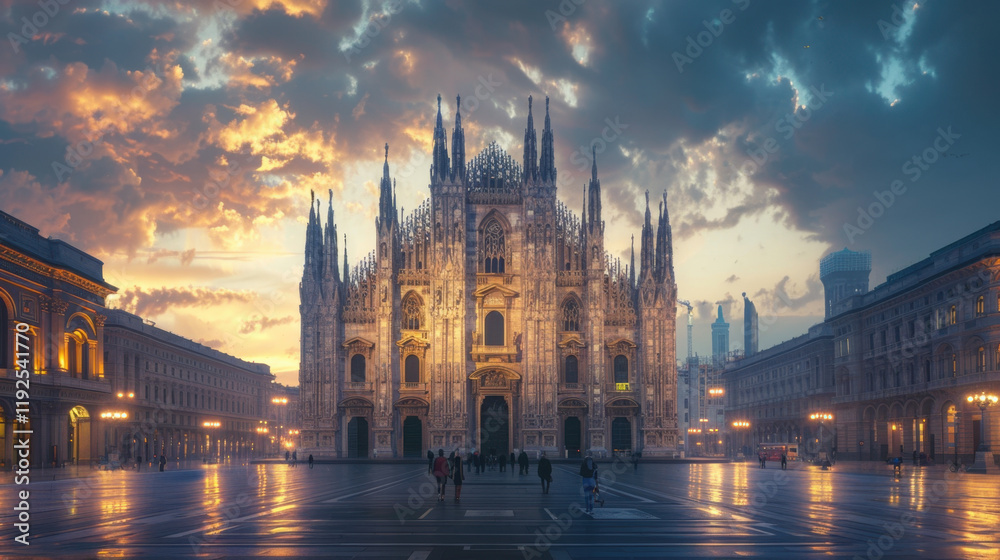 Fototapeta premium stunning Gothic cathedral with towering spires at sunset