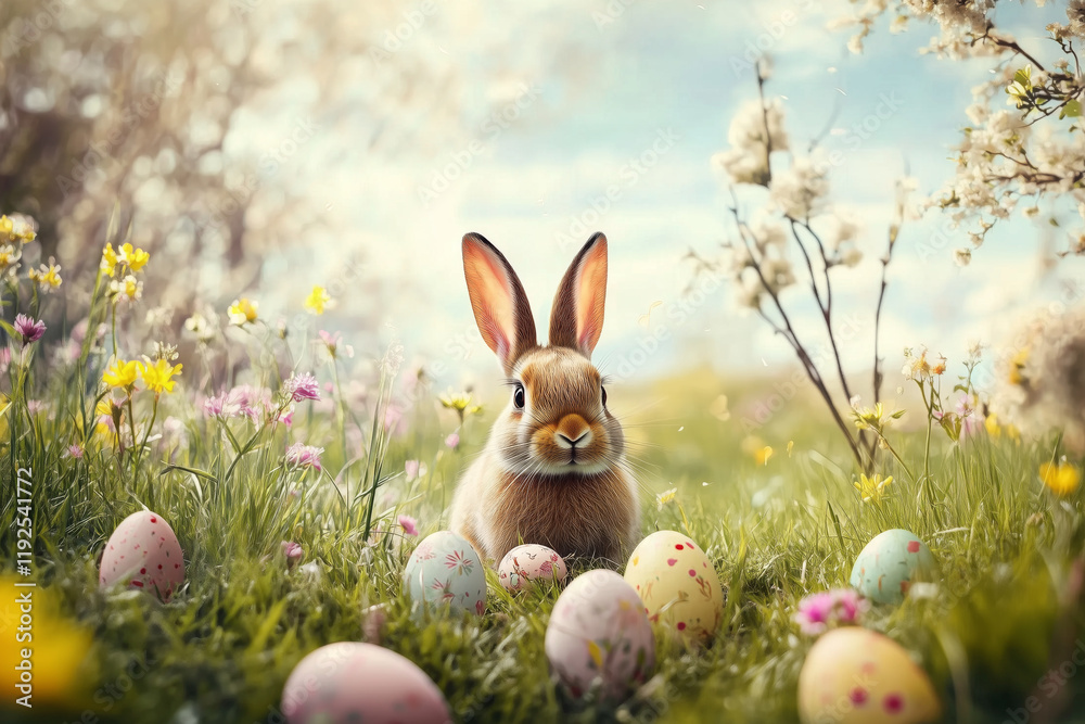Easter Bunny with eggs greeting card on a meadow flowers in spring copyspace copy space