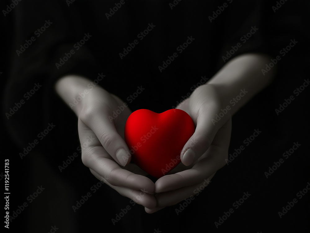Fototapeta premium Hands holding red heart dark background love loss remembrance concept monochrome