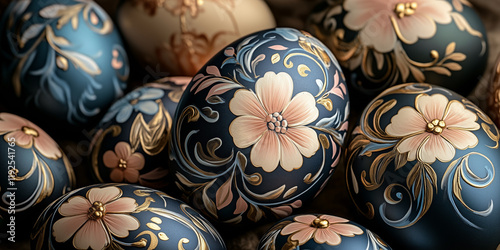 Easter eggs painted with detailed floral patterns banner greeting card decoration photo