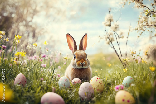 Obraz na płótnie Easter Bunny with eggs greeting card on a meadow flowers in spring copyspace copy space w salonie