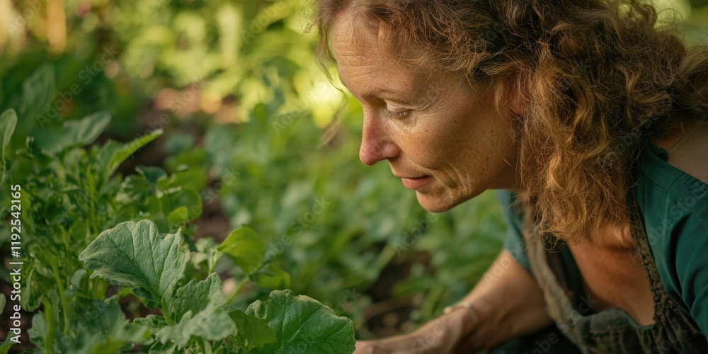 A woman examines a plant in a garden setting A woman examines a plant in a garden setting