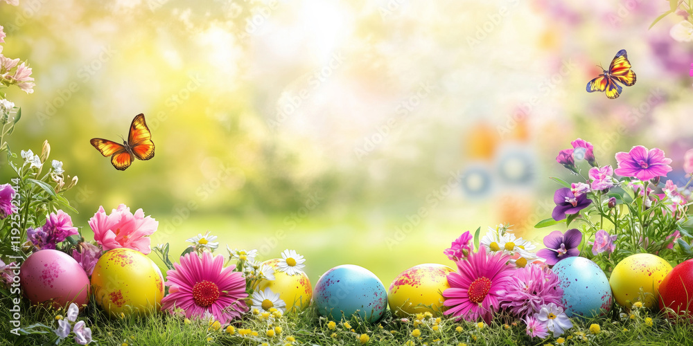 Easter egg hunt with flowers on a meadow in spring season greeting card banner copyspace copy space