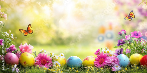 Obraz na płótnie Easter egg hunt with flowers on a meadow in spring season greeting card banner copyspace copy space w salonie
