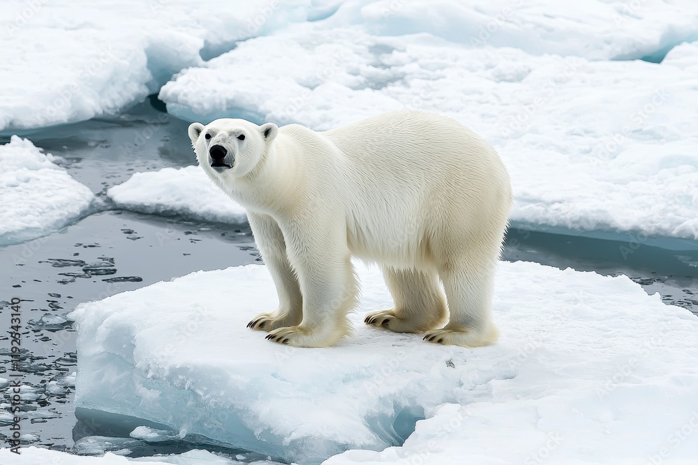 A polar bear standing proudly on an ice floe, overlooking a vast expanse of Arctic waters. A polar bear standing proudly on an ice floe, overlooking a vast expanse of Arctic waters.