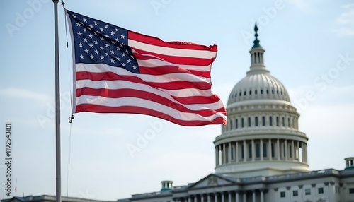 American flag waving in the wind in front of US Capitol building