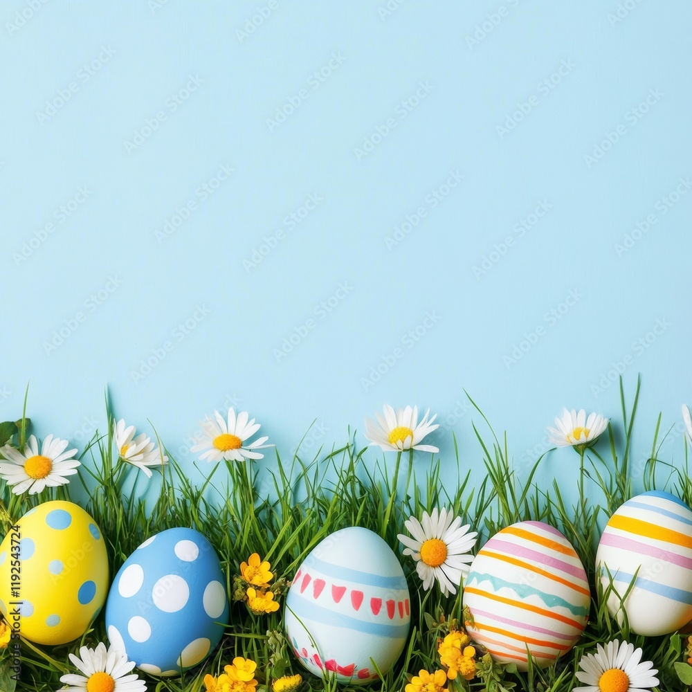 Fototapeta premium Easter background with grass, flowers, and a nice border with colorful eggs