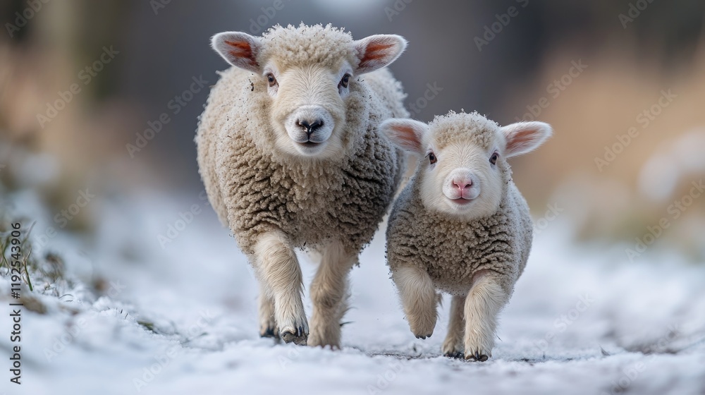 Fototapeta premium A pair of sheep stand on the top of a snow-covered field, enjoying the winter scenery