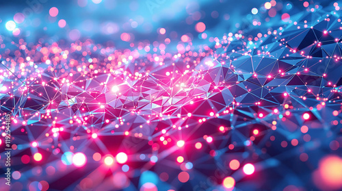  A vibrant network of interconnected points and lines glows with pink and blue light against a dark background. Ideal for technology, data, or communication themes.