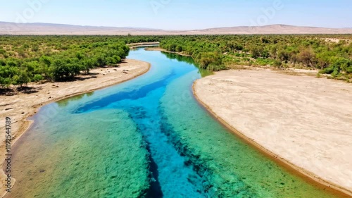 Crystal-clear artificial rivers flow through deserts, transforming barren land into thriving ecosystems. A vision of technology revitalizing nature for a sustainable future
