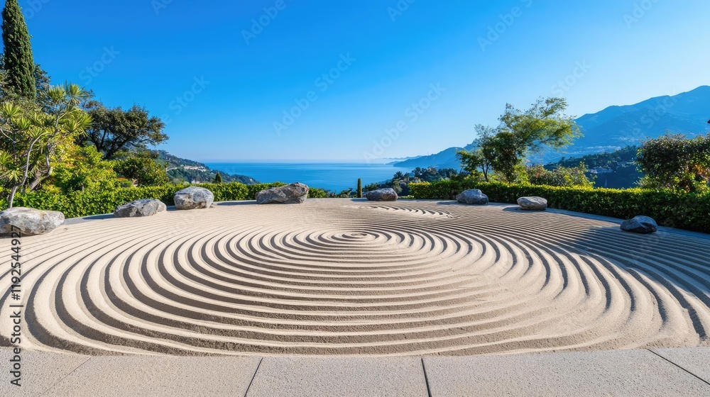 Minimal symmetry idea. A tranquil sand garden with perfect ripples, surrounded by serene nature and a blue ocean. Minimal symmetry idea. A tranquil sand garden with perfect ripples, surrounded by serene nature and a blue ocean.