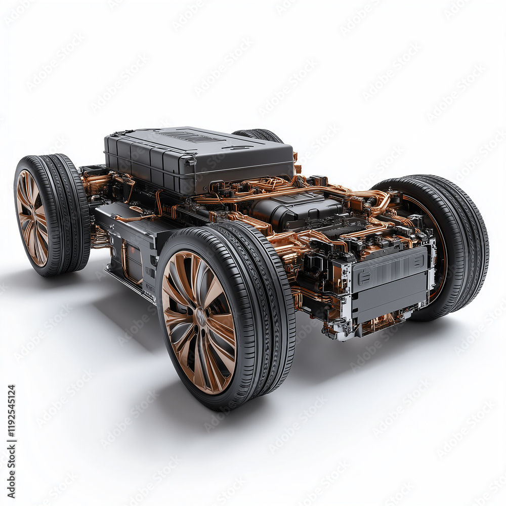 Electric vehicle engine powertrain innovation design. A side view of an electric vehicle powertrain showcased in a detailed image.