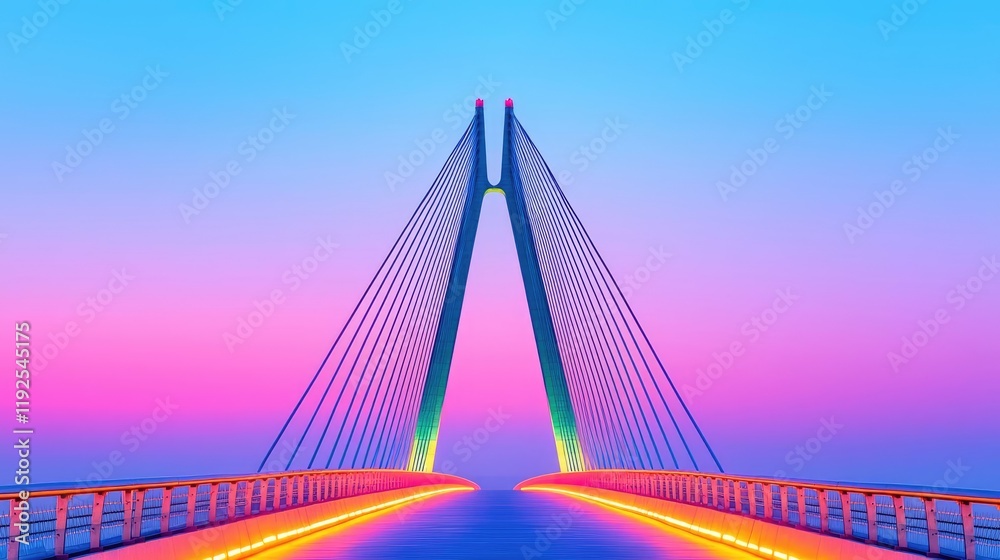 Obraz premium Symmetry gradient concept. A stunning modern bridge illuminated against a vibrant sunset sky.