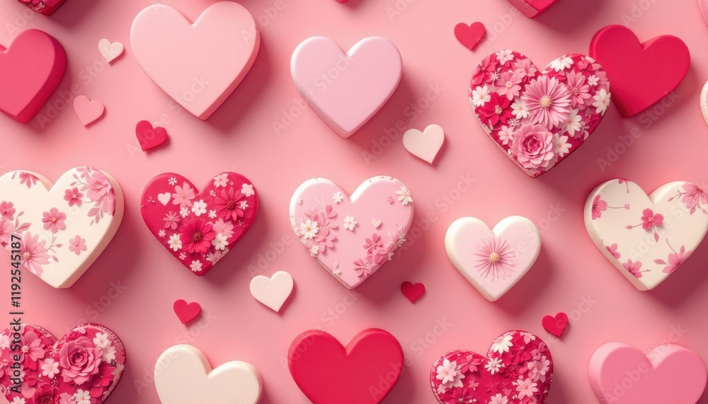 Fototapeta premium Variety of decorative heart-shaped gift boxes with floral patterns on pink background