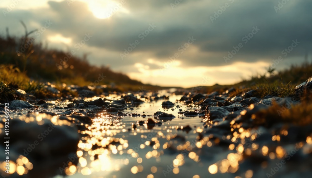 Sunset reflection in rocky stream with warm golden light Sunset reflection in rocky stream with warm golden light