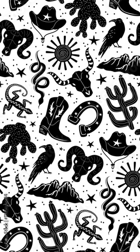 wild west cowboy cowgirl desert western americana seamless pattern in black and white  vector illustration block print style repeat design