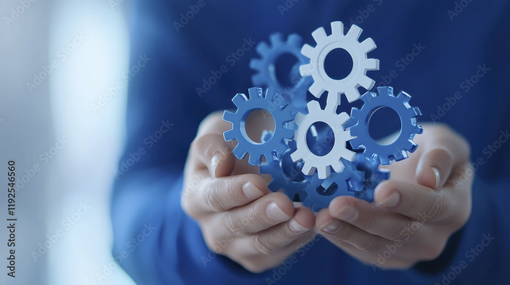 Efficient business solutions with hands holding blue gears, symbolizing teamwork and innovation Efficient business solutions with hands holding blue gears, symbolizing teamwork and innovation