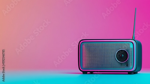 A digital media player display, glowing interface with buttons and sliders, ultramodern style, pink and teal, isolated on white background