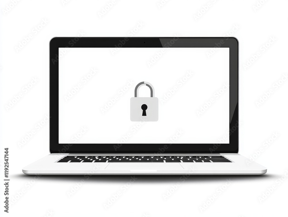 Monochrome laptop with minimalistic lock symbol on screen, showcasing the concept of clean and efficient cybersecurity for data integrity Monochrome laptop with minimalistic lock symbol on screen, showcasing the concept of clean and efficient cybersecurity for data integrity