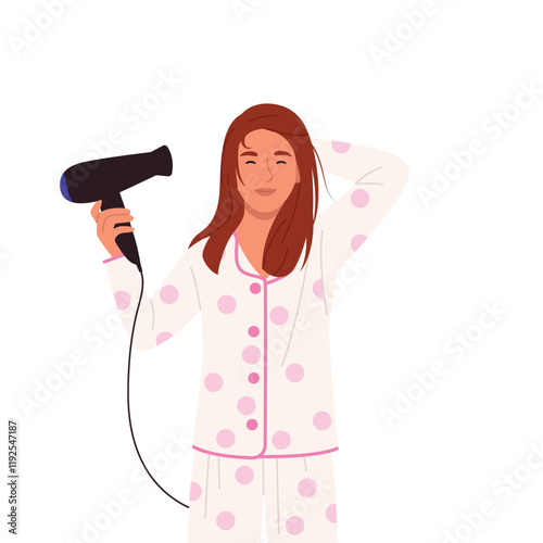 Vector illustration of a beautiful girl drying her hair. Cartoon scene of a smiling girl dressed in pajamas drying her wet hair with a hairdryer isolated on a white background. Morning care routine.