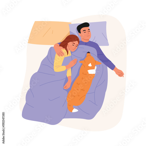 Vector illustration of a boy and a girl in love sleeping in bed. Cartoon scene of a top view of a happy couple, boy and a girl, a pet, a dog, sleeping in bed hugging isolated on a white background.
