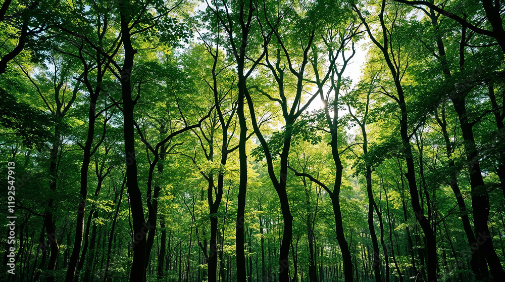 Naklejka premium Sunlight filtering through lush green forest canopy