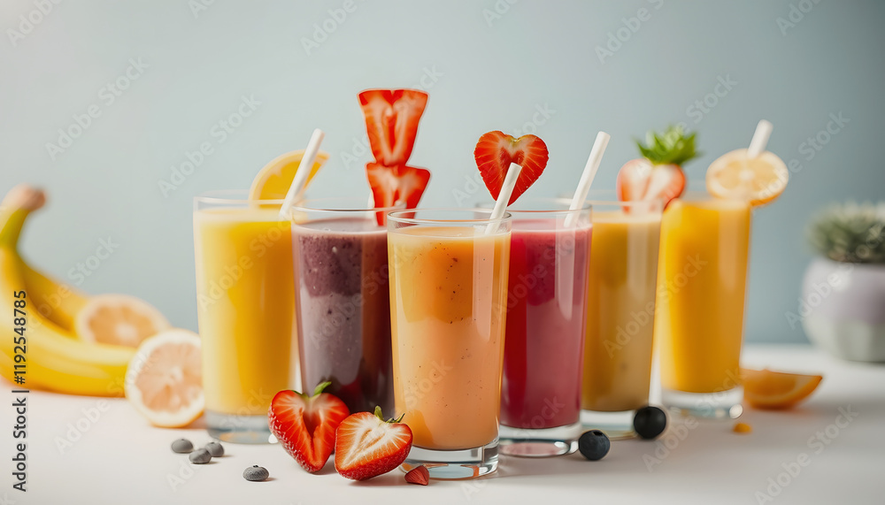 Healthy smoothies in various colors, served in tall glasses and garnished with fresh fruit, set on a bright, clean background, craft clay, with white tones Healthy smoothies in various colors, served in tall glasses and garnished with fresh fruit, set on a bright, clean background, craft clay, with white tones