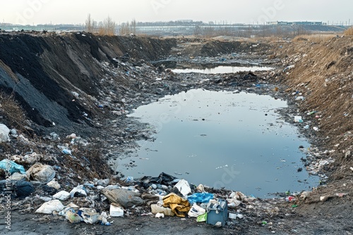 Polluted industrial wastewater pond in rural landscape photo