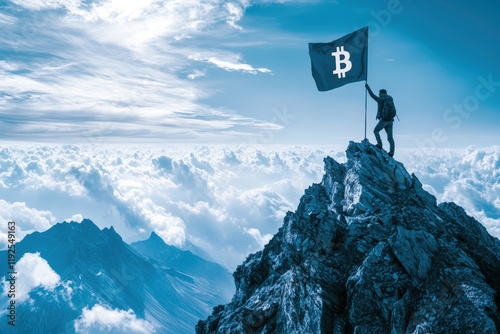 Silhouette of young male climber raising bitcoin flag on mountain summit under cloudy sky