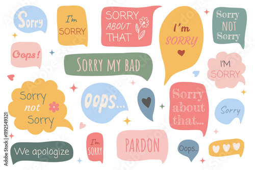 Speech bubbles with apologetic quotes. Sorry stickers set. World Forgiveness Day. Apology Messages. Set of hand drawn vector illustrations on white background
