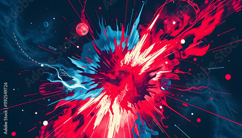 Abstract blue and red energy clash in a cosmic event, retro style, with white tones