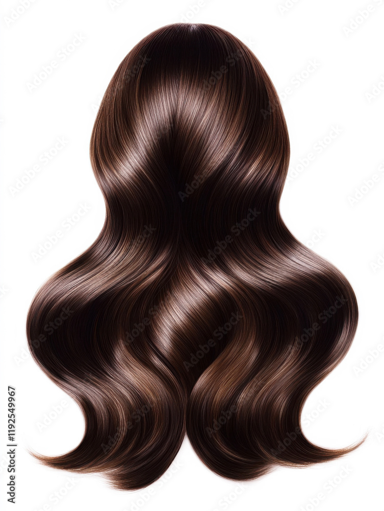 Fototapeta premium Elegant long dark brown wavy hair with shine displayed against a white background