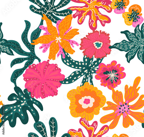 abstract modern flower blooms and foliage, tiger lilies and tropical exotic leaves seamless pattern design in pink coral orange honey yellow and turquoise colors on transparent background
