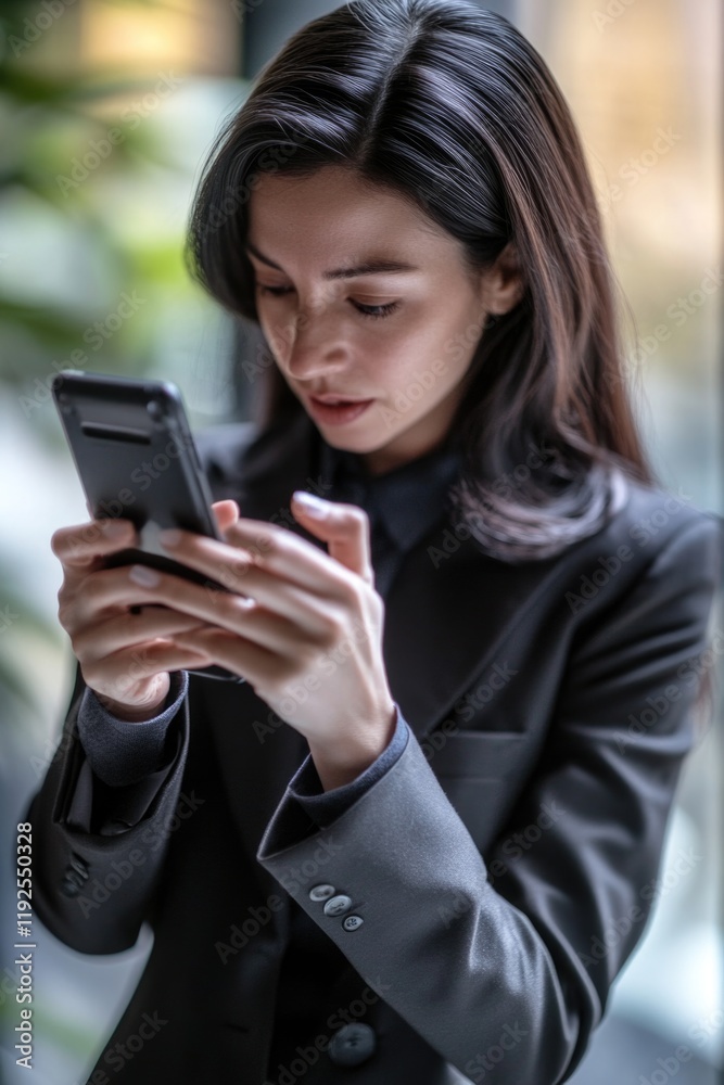 A professional woman examining her smartphone A professional woman examining her smartphone