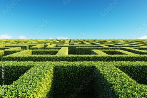 Vast green hedge maze under clear blue sky on a sunny day