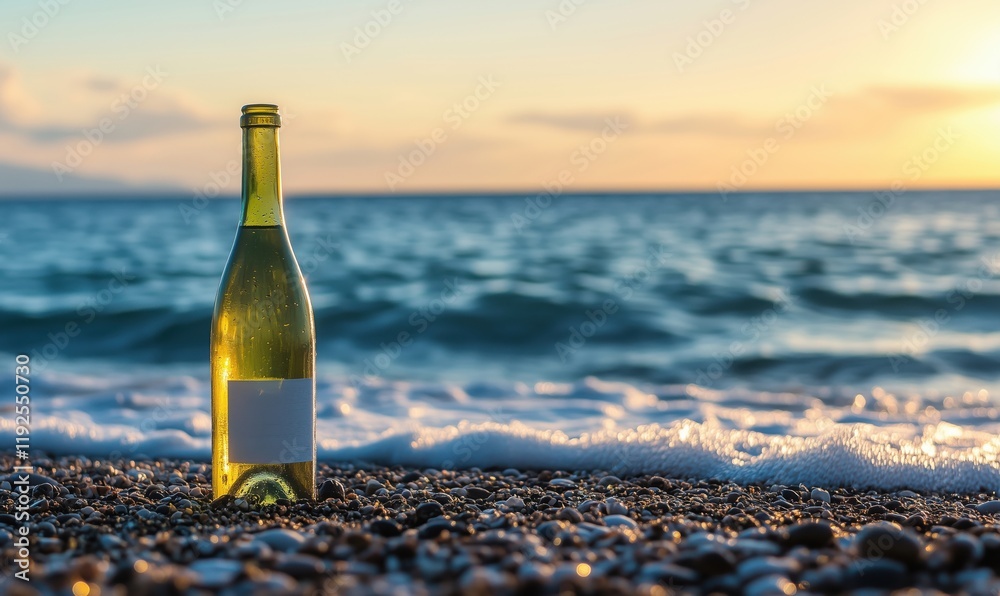 Bottle of white wine resting on pebbled beach at sunset, waves gently lapping at shore, serene coastal atmosphere Bottle of white wine resting on pebbled beach at sunset, waves gently lapping at shore, serene coastal atmosphere