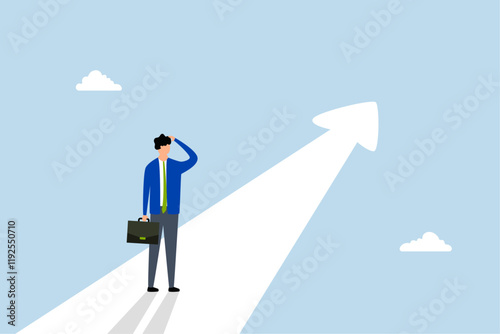 Finding purpose, perplexed entrepreneur targeting future goal arrow 