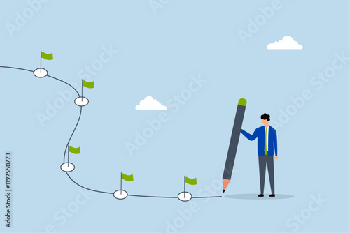 Workflow, entrepreneur sketching workflow line with achievement flag milestones using a pencil. 