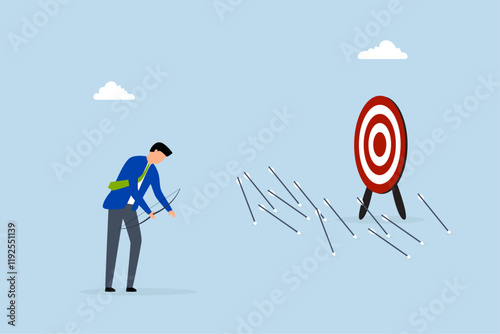 Failure missed all business target, disappointed entrepreneur archery frustration with his misfired arrows. 