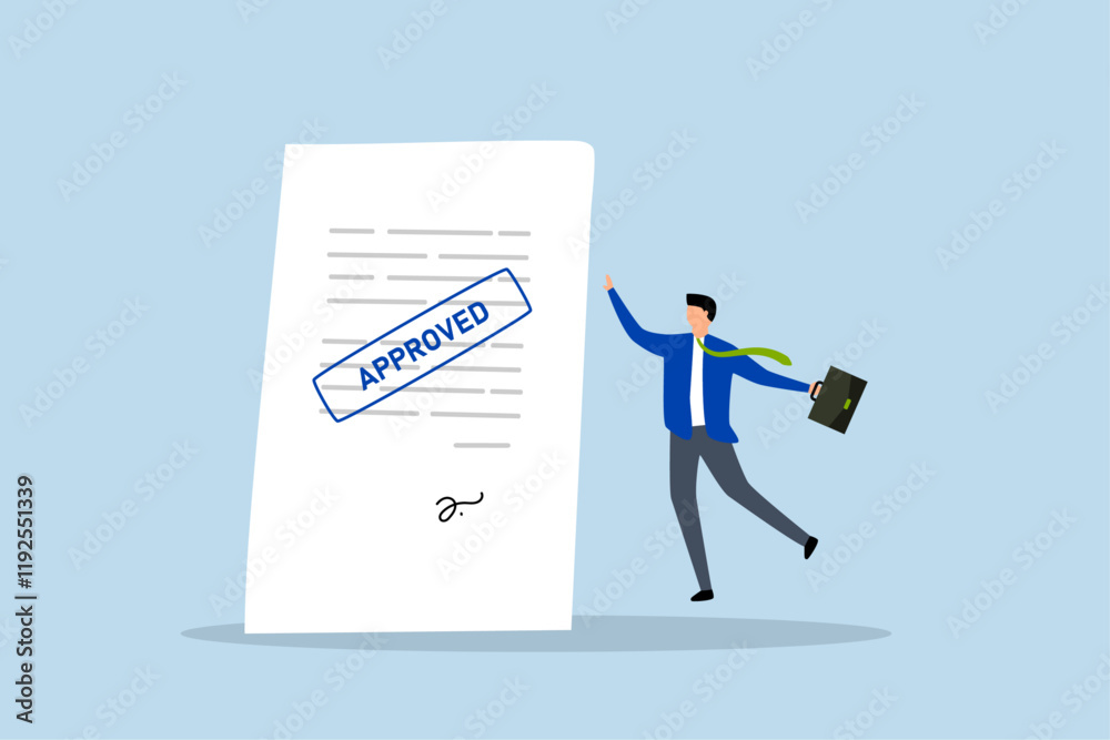 Document approved, happy businessman with document paperwork with approved stamp. Document approved, happy businessman with document paperwork with approved stamp.