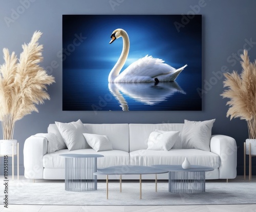 Elegant white swan gracefully glides across calm water in serene indoor setting with modern decor and plants photo